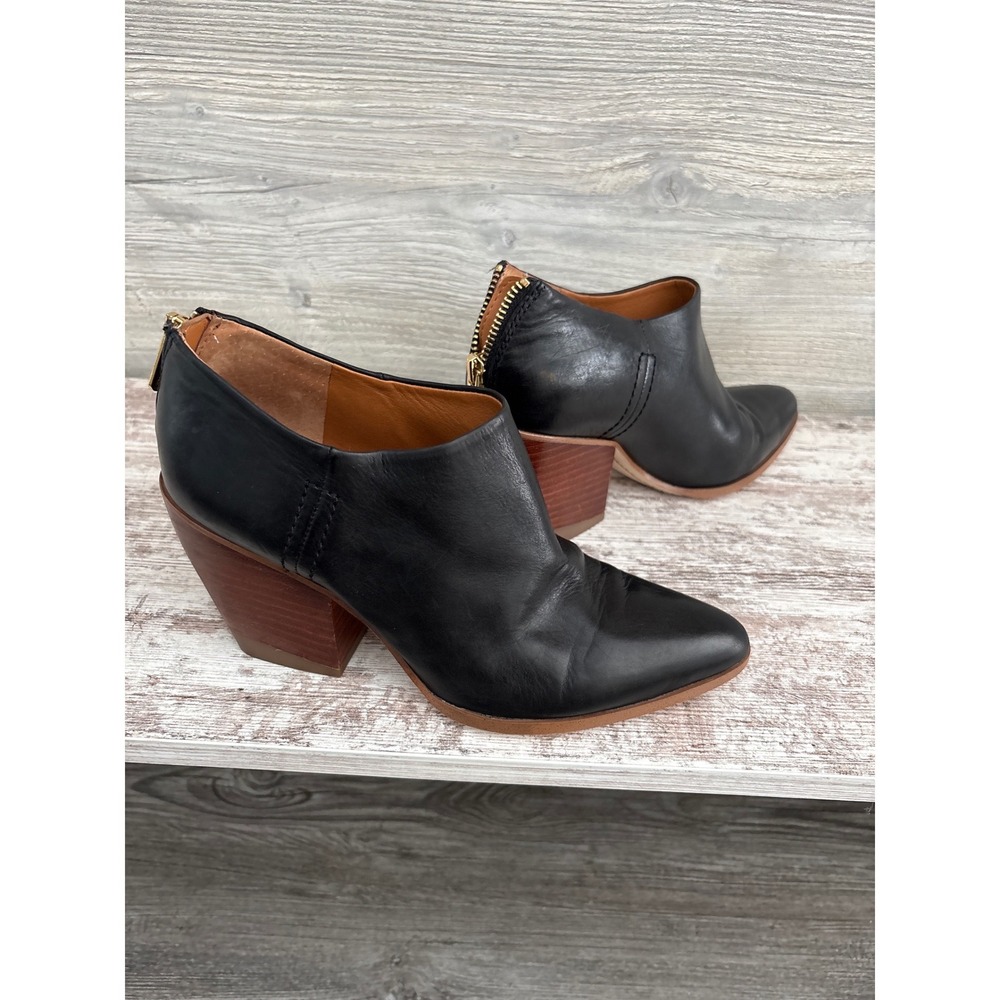 Sarto Black Leather Back Zip Ankle Boots Almond Toe Block Heel Booties